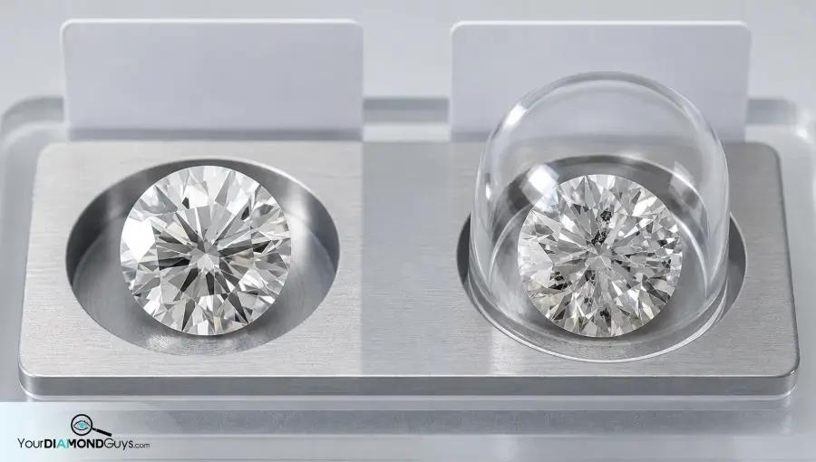 Two round diamonds in a decision tray, one clean and one under a dome with visible inclusions