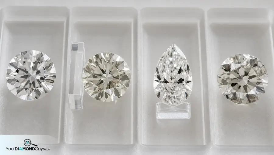Four diamonds in inspection lanes showing internal feather surface reach point risk and white edge feather checks