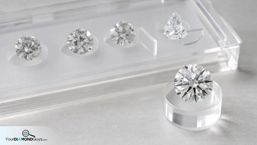 Bright safe round diamond separated from edge feather and point risk candidates under inspection