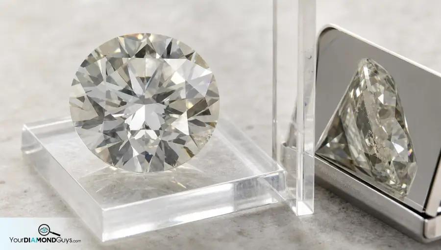 Round diamond on an inspection cradle with a pale edge feather checked by a side witness pane