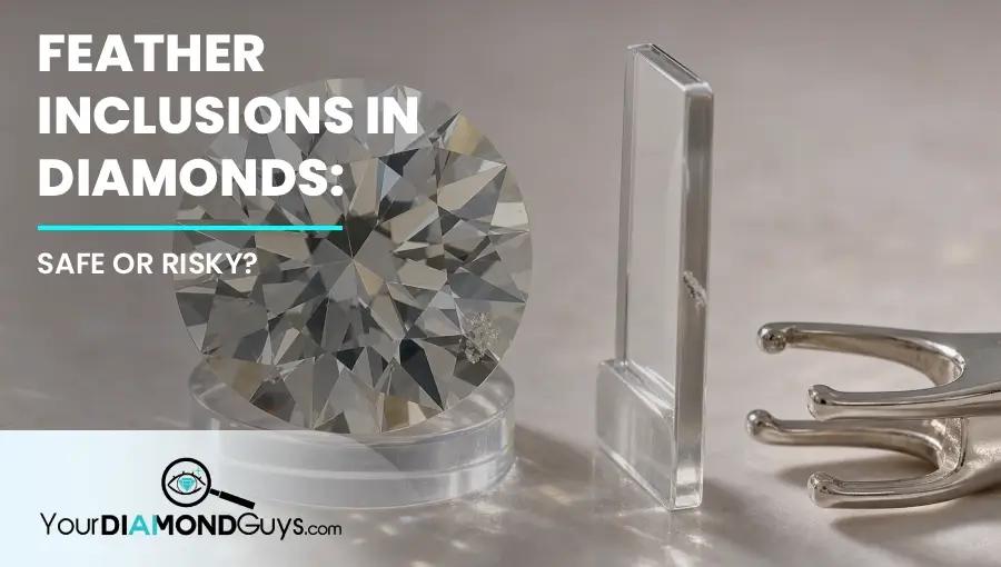 Loose diamond with a pale feather inclusion near the girdle beside a prong safety check