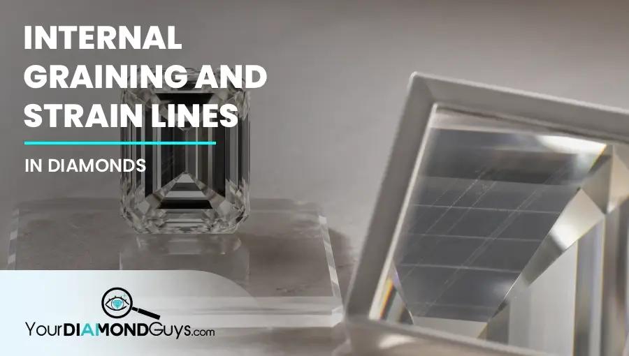 Emerald cut diamond beside an optical magnifier showing internal graining and strain lines