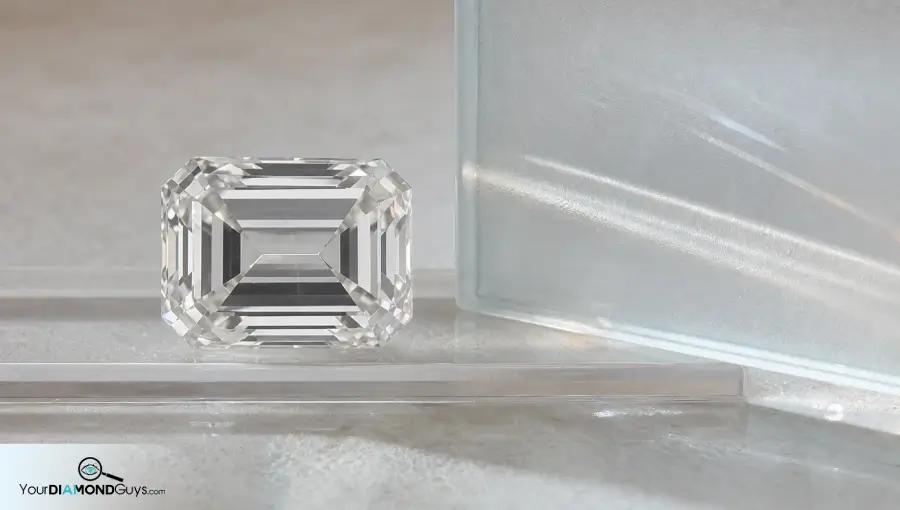 Emerald cut diamond under raking light showing subtle internal graining and strain behavior