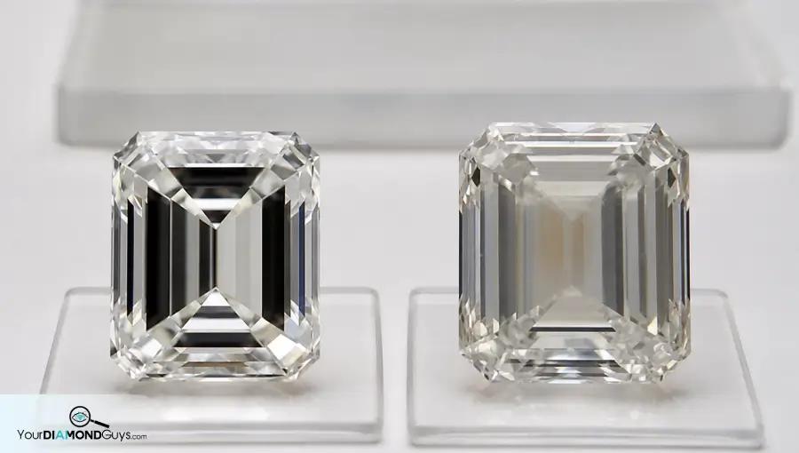 Crisp emerald cut diamond beside a hazy strained emerald showing a transparency trap