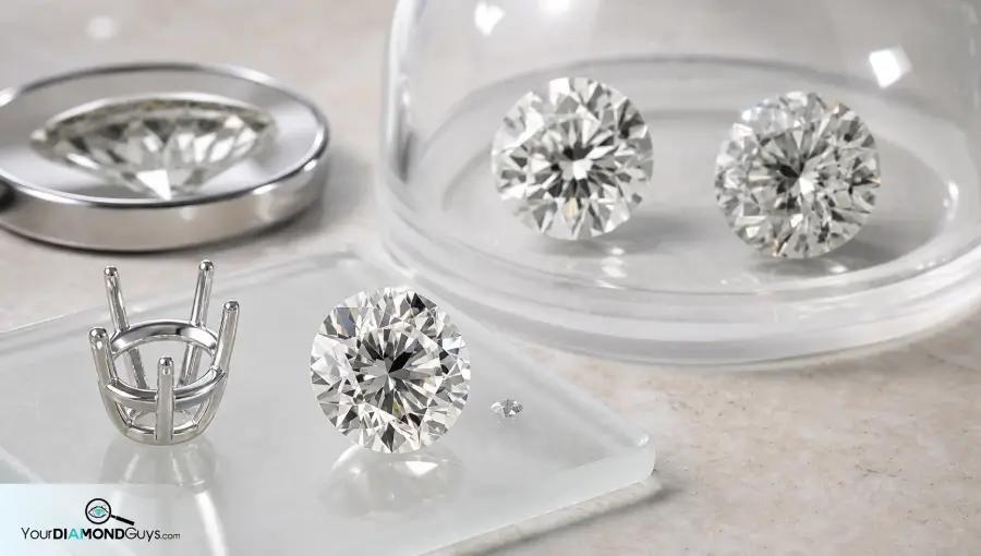 Eye clean round diamond near prong head separated from rejected table inclusion candidates under inspection