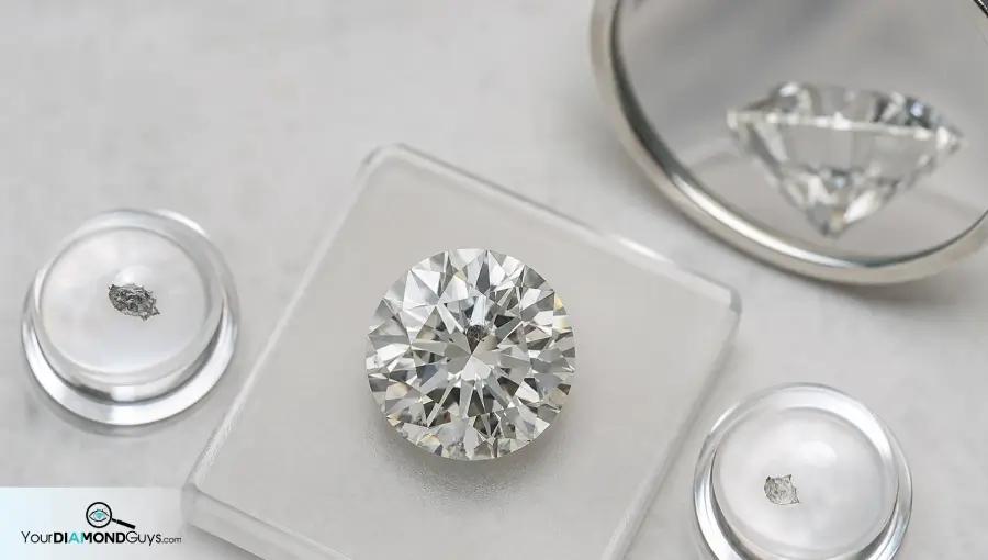 Round diamond with optical witness domes showing table and edge inclusion location checks