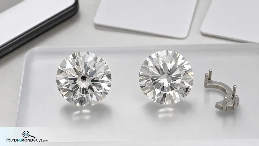 Two round diamonds beside blank comparison cards showing table versus edge inclusion location risk