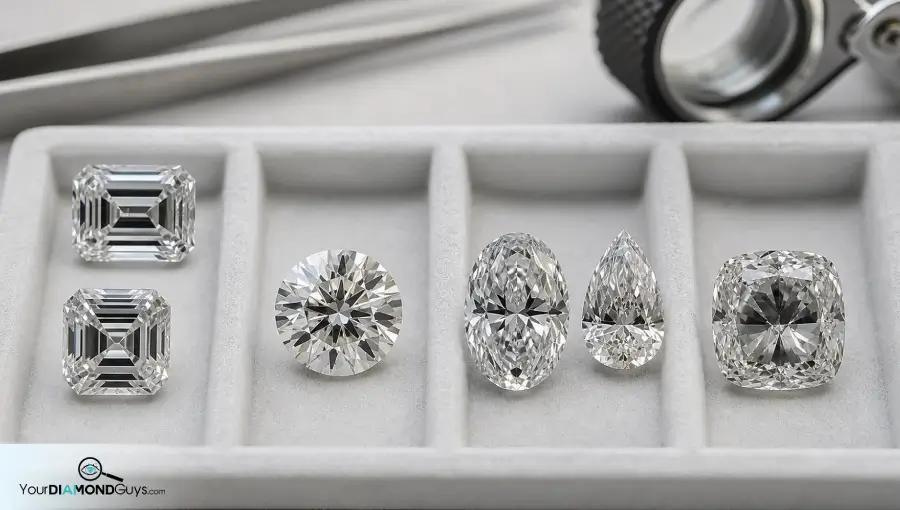 Step cut round oval pear and cushion diamonds arranged in separate clarity screening lanes