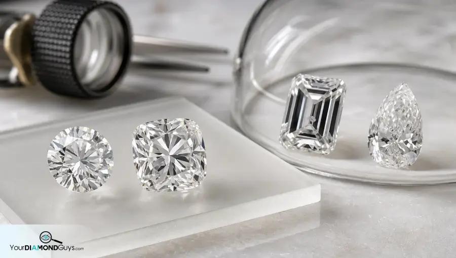 Eye clean round and cushion diamonds separated from risky step cut and pear candidates under inspection