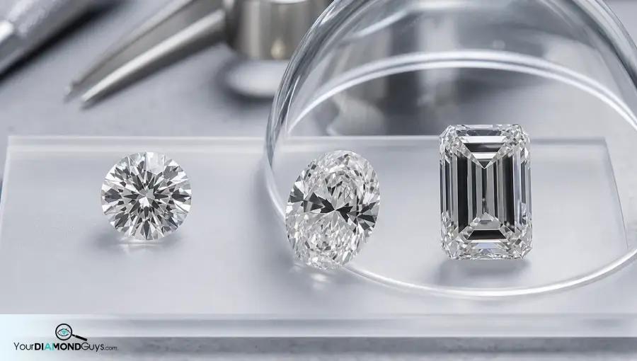 Round oval and emerald diamonds on a frosted visibility strip showing shape based inclusion visibility