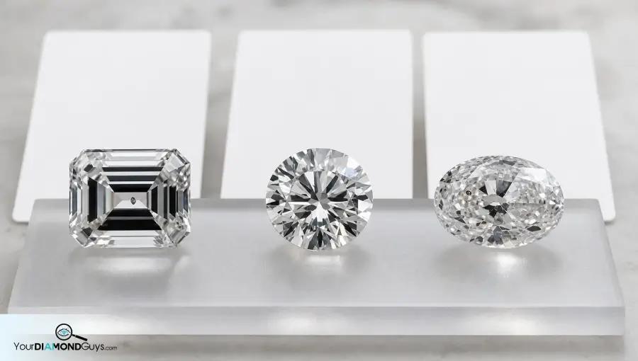 Emerald round and oval diamonds beside blank comparison cards showing why one clarity target does not fit every shape