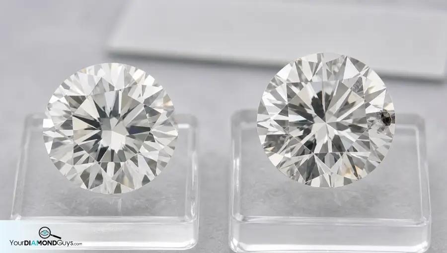 Internal pinpoint diamond beside a surface reaching knot diamond showing the buyer trap