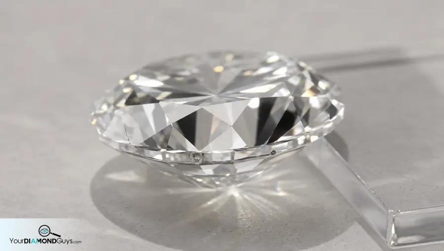 Loose round diamond shown from a low girdle angle with a flush natural and recessed indented natural under raking light