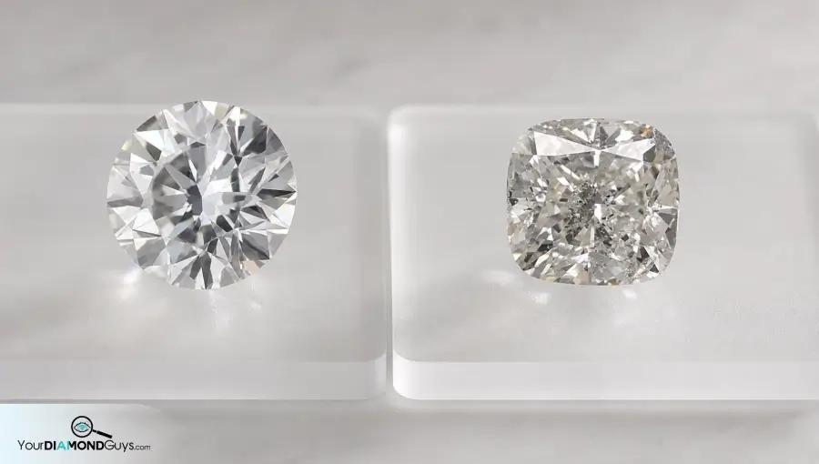 Two loose diamonds on frosted acrylic pads comparing a harmless girdle natural with a more concerning indented natural candidate