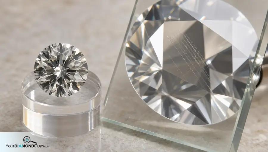 Round diamond beside a magnified pane showing fine needle inclusions under the table
