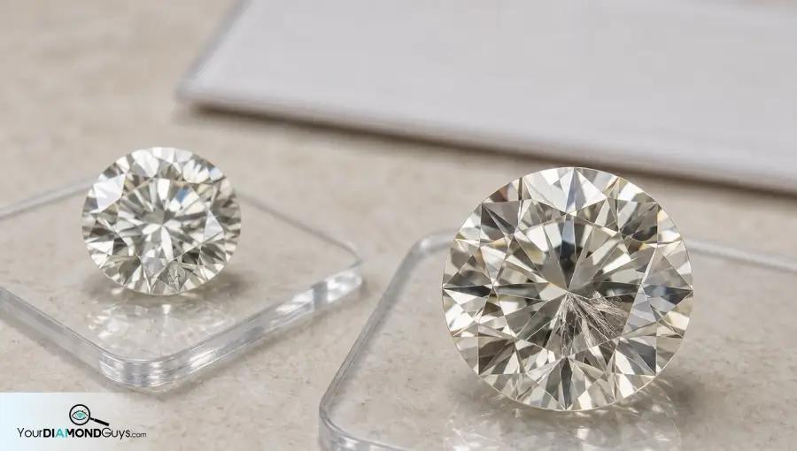 Small harmless needle diamond beside a larger diamond with grouped needle inclusions under the table