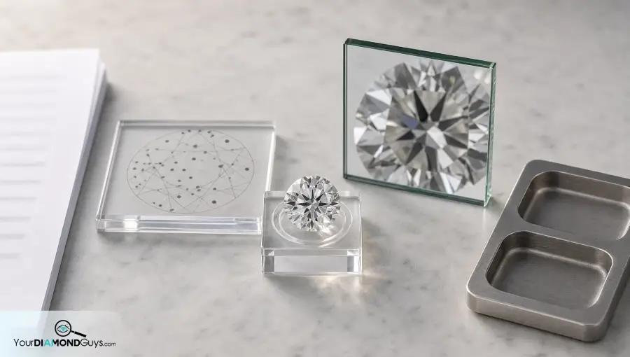 Loose diamond with blank report edge, abstract plot plate, video check panel, and decision tray