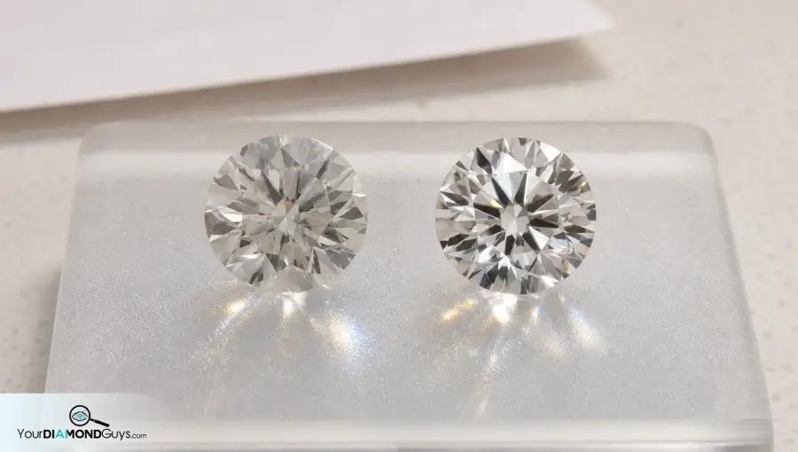 Two round diamonds compared under the same light, one duller and one brighter