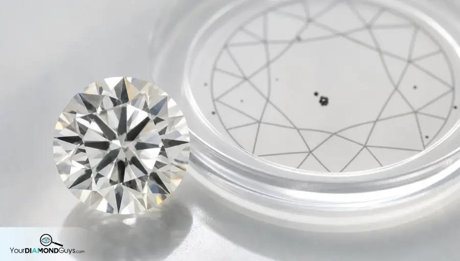 Round diamond beside an abstract clarity plot showing a table area inclusion check
