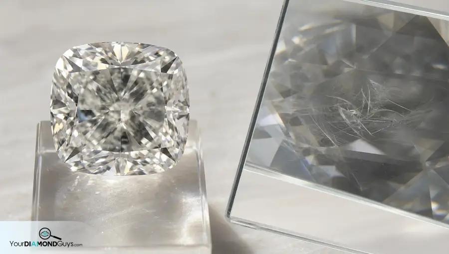 Cushion diamond beside a magnified pane showing faint twinning wisps under the table