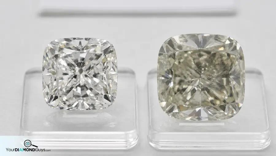 Bright cushion diamond beside a smoky twinning wisp diamond showing the buyer trap