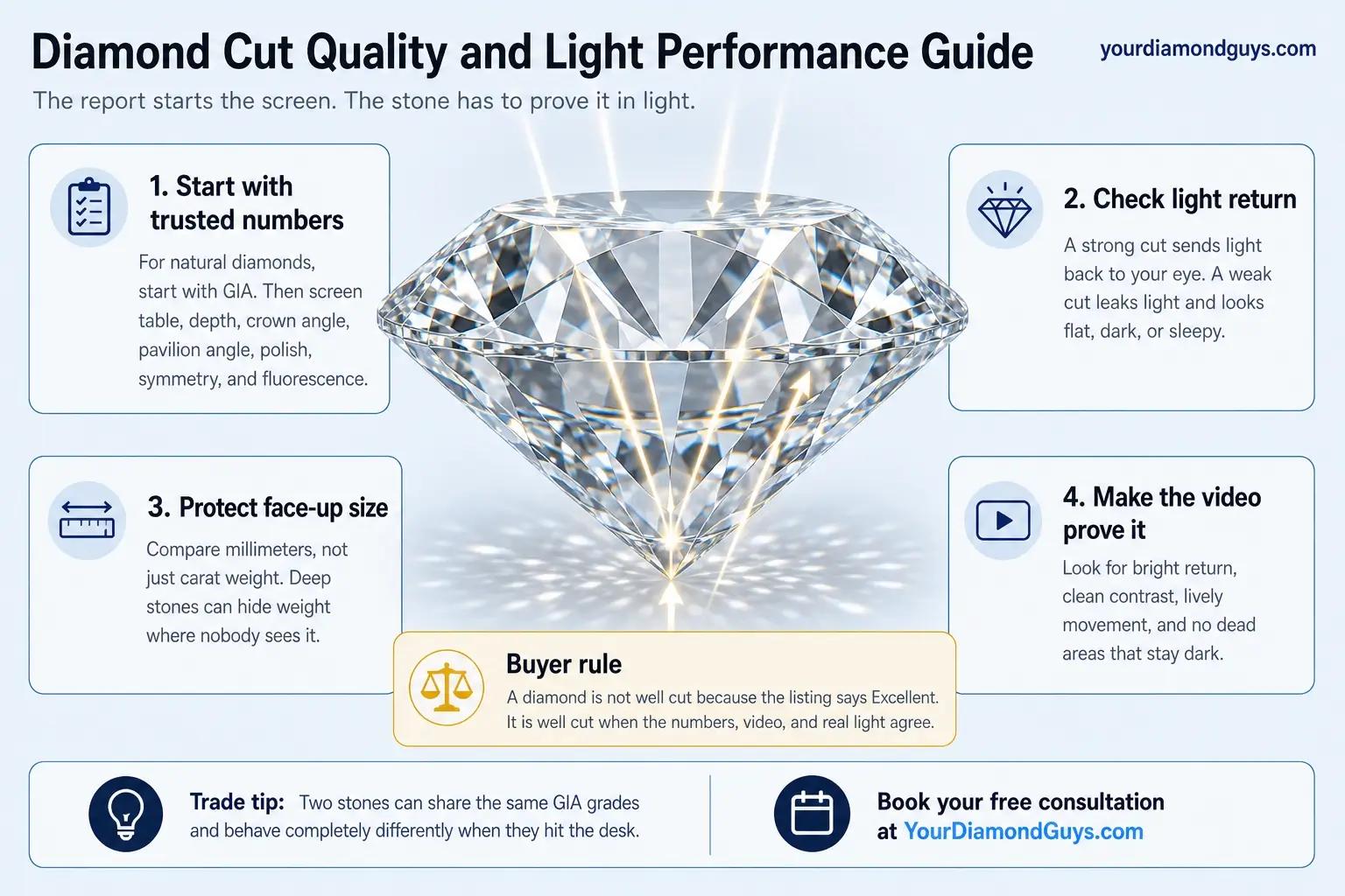 diamond cut quality light performance guide infographic explaining cut quality and light performance checks for round brilliant diamonds