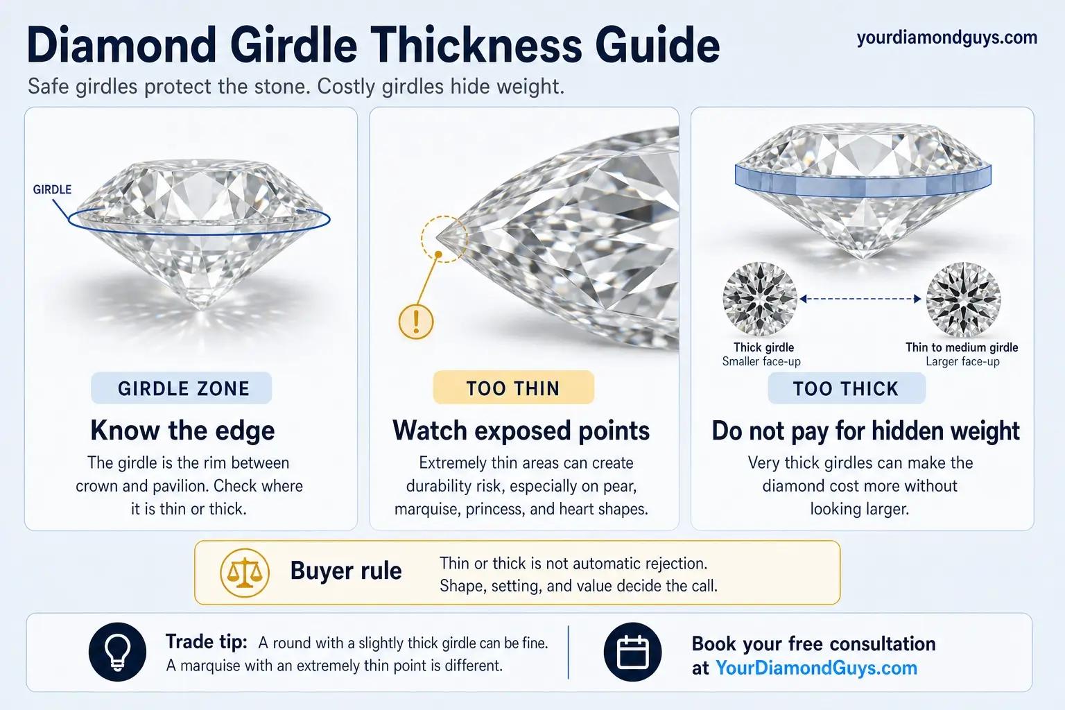diamond girdle thickness guide infographic showing safe vs costly girdle ranges