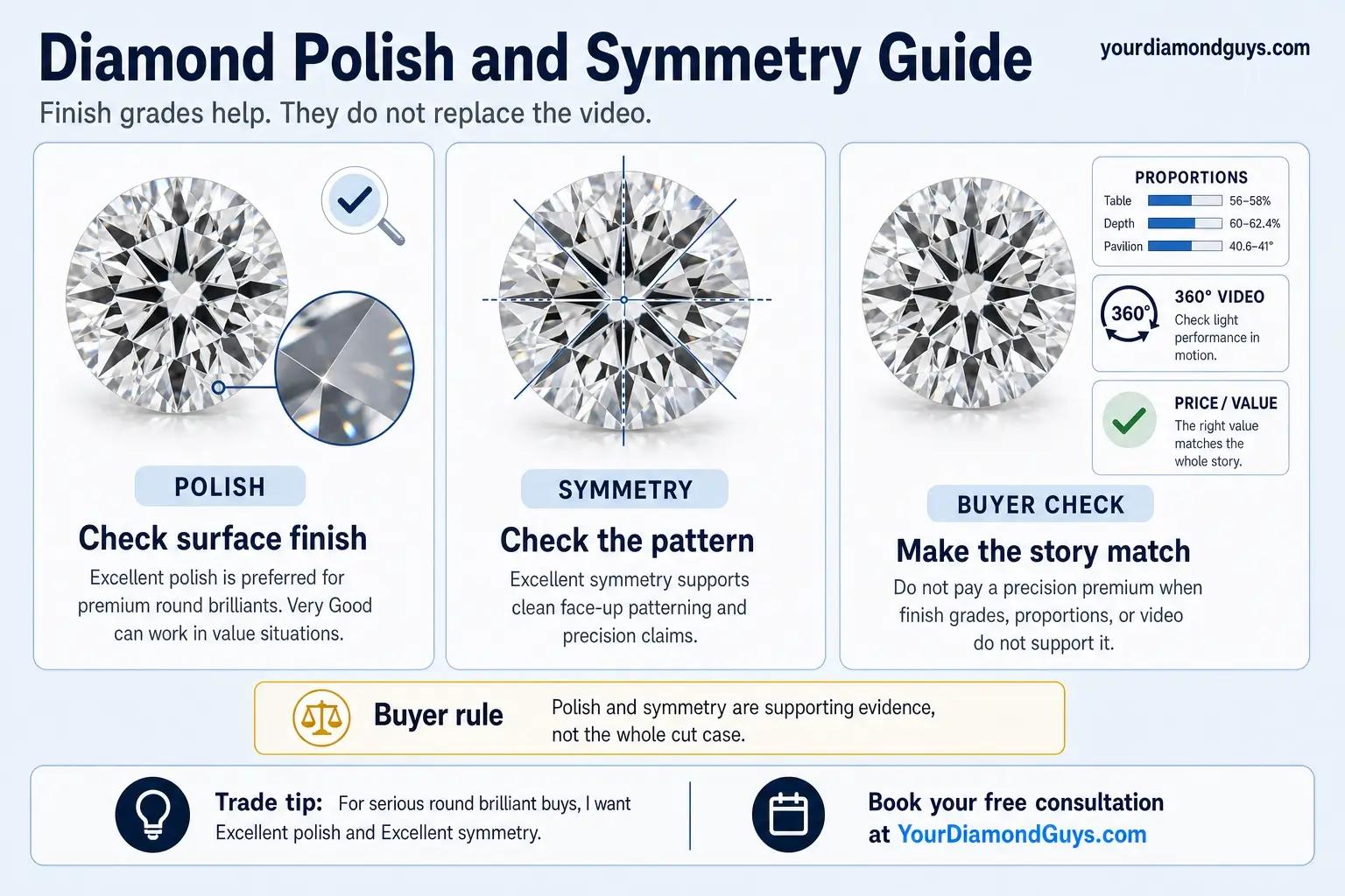 diamond polish and symmetry guide infographic showing grade comparisons