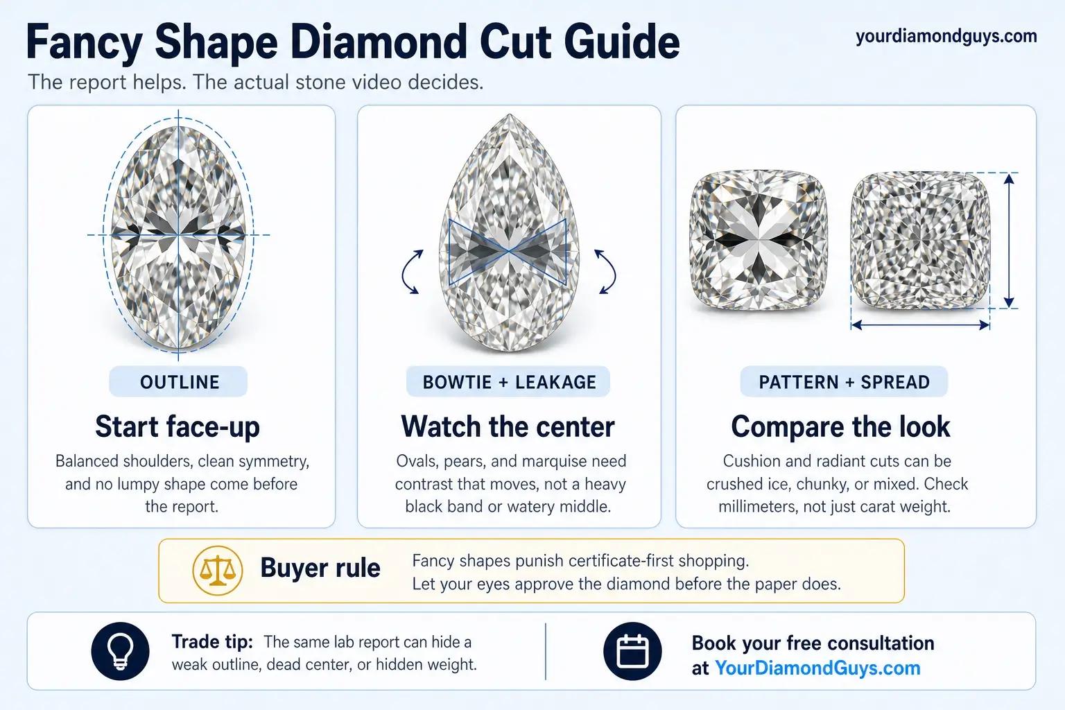 fancy shape diamond cut guide infographic showing outline bowtie and leakage checks