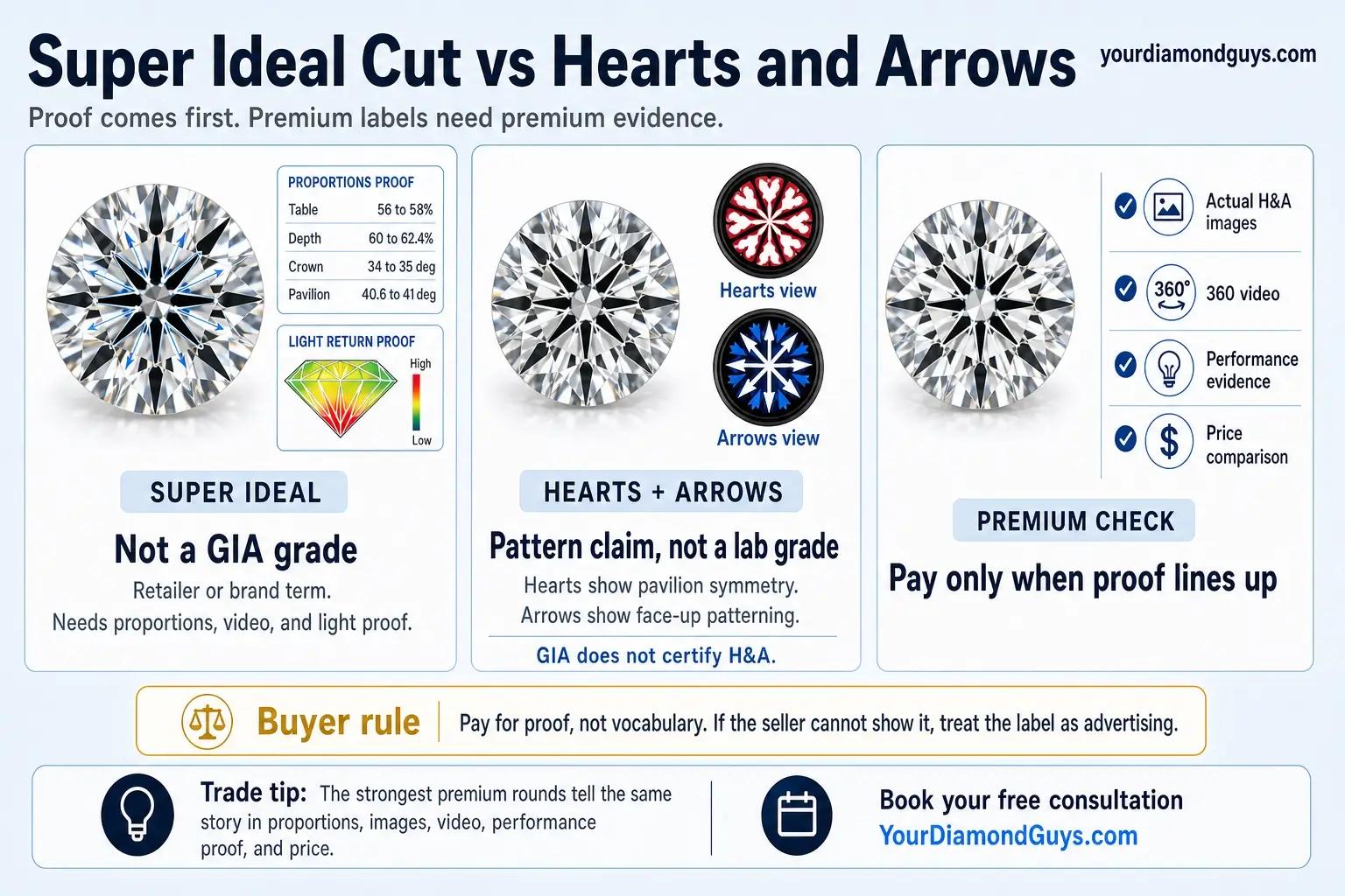 super ideal cut vs hearts and arrows infographic showing comparison