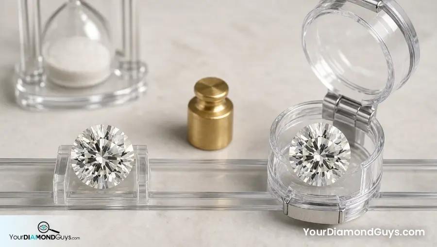Matched J color round diamonds compared beside a return capsule and hourglass