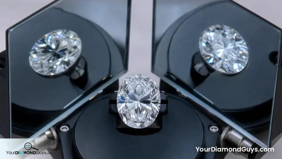 Oval diamond on a goniometer with mirrored views showing its bow tie changing through tilt