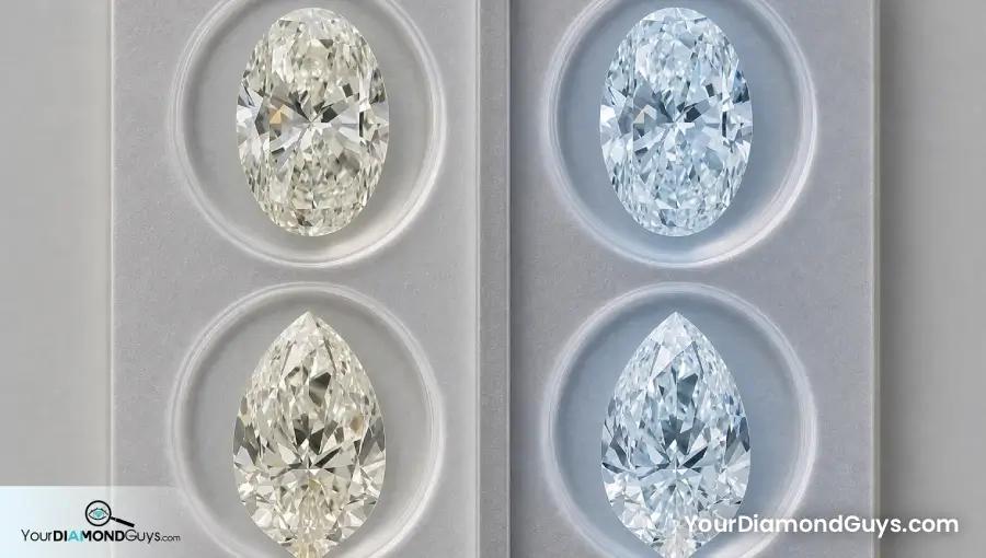 J color oval and pear diamonds compared under neutral and UV rich lighting