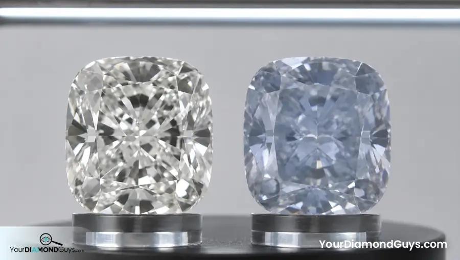 Matched cushion diamonds comparing crisp crushed facets with a soft blue gray veil