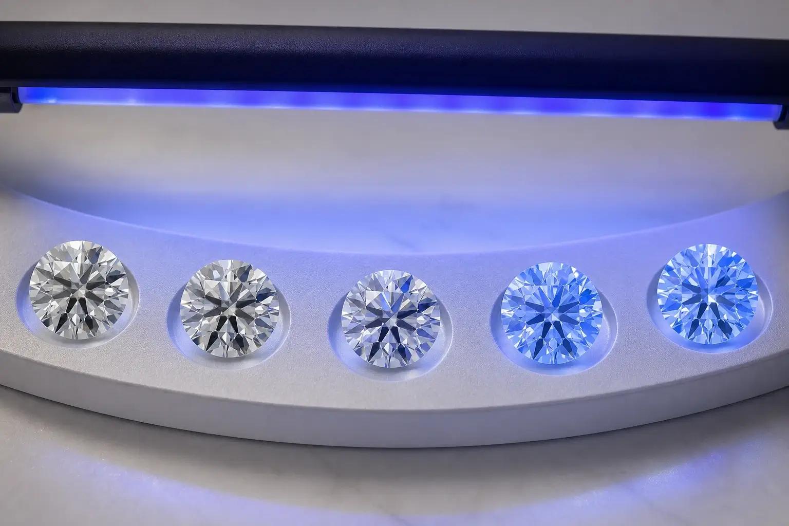 Five matched round diamonds showing increasing fluorescence intensity under ultraviolet light