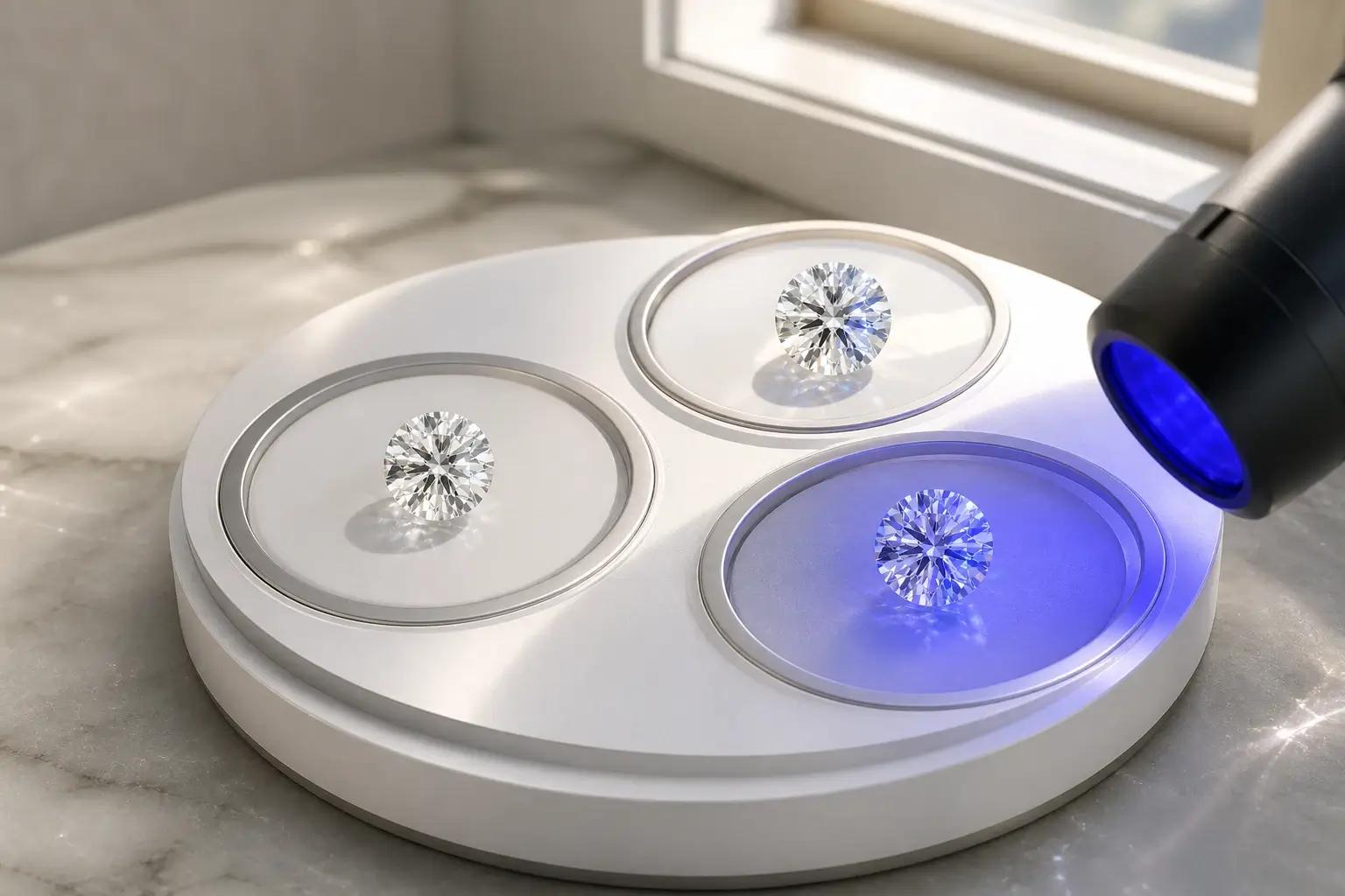 Matched diamonds compared in indoor light daylight and ultraviolet light