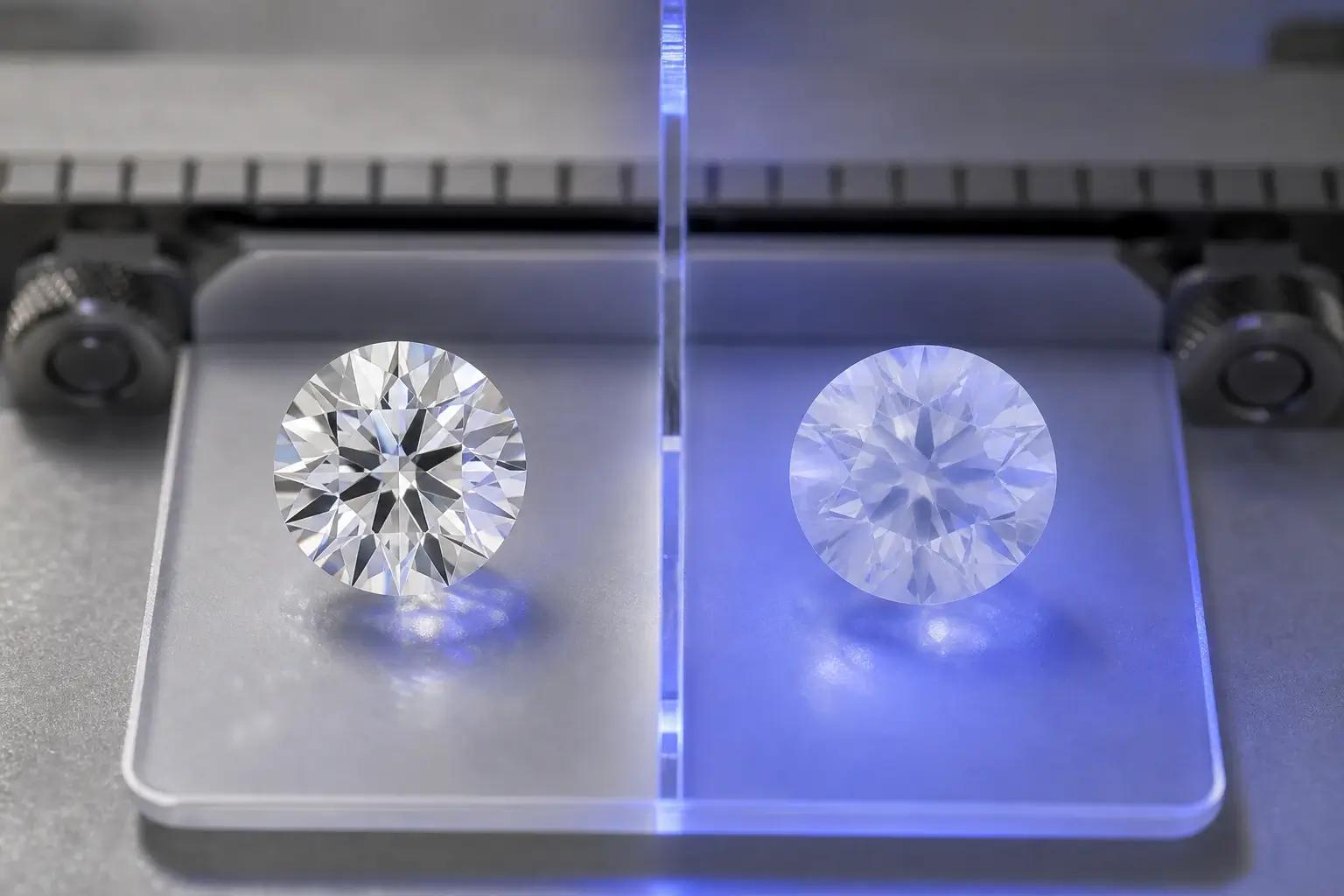 Crisp diamond beside a milky hazy diamond under matched ultraviolet lighting