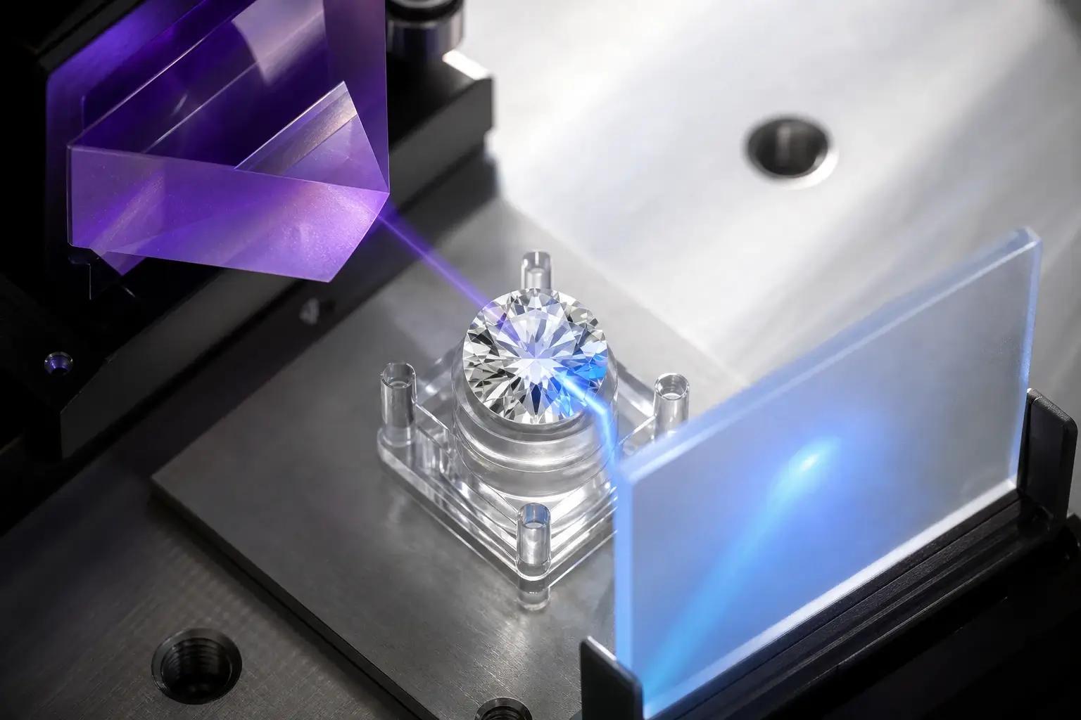 Round diamond emitting blue visible light under a controlled ultraviolet beam