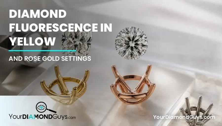Fluorescent diamond in yellow gold rose gold and white prongs