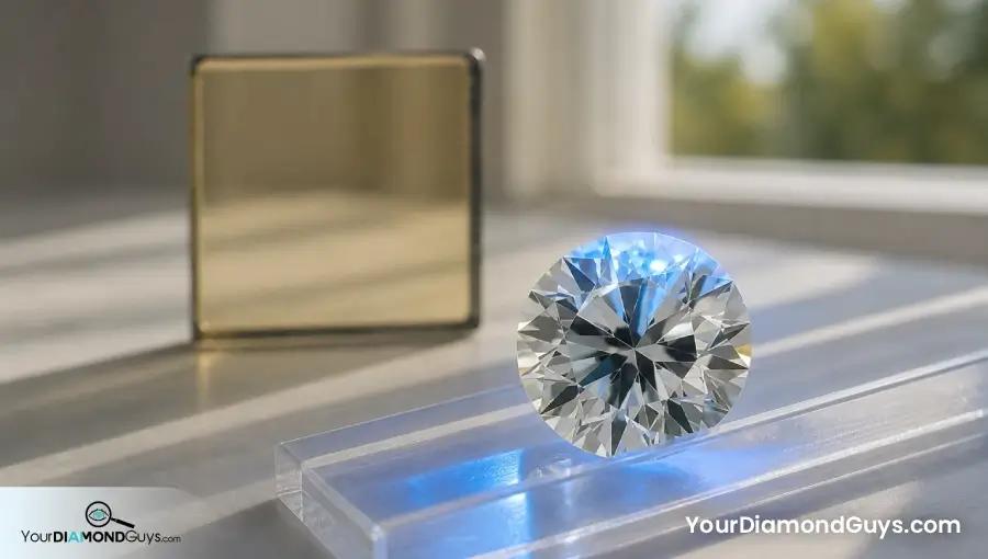 Warm color round diamond emitting localized blue fluorescence under controlled ultraviolet light
