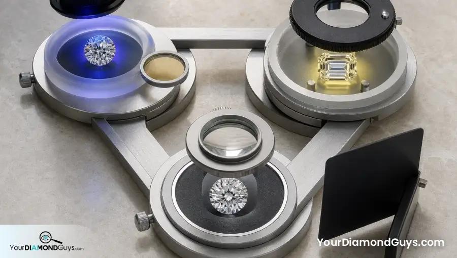 Optical inspection stations checking fluorescence hue intensity and transparency