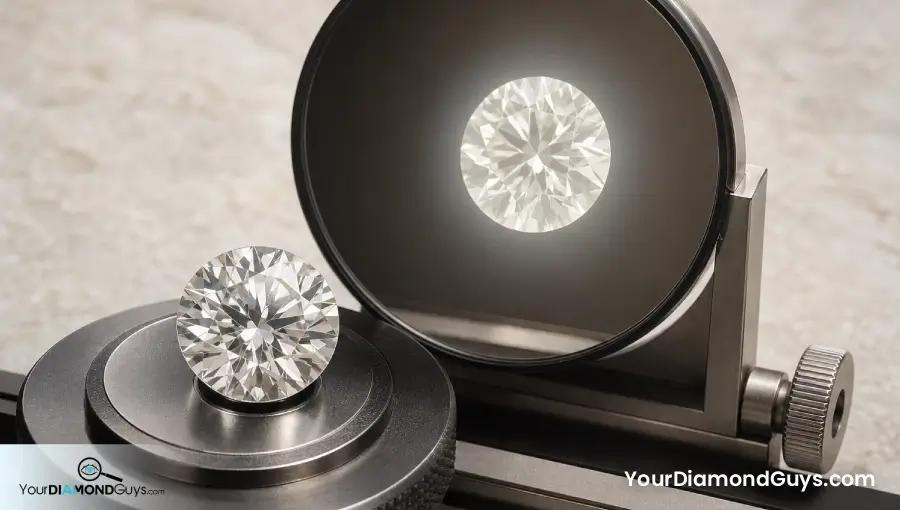 Round diamond compared in crisp neutral light and a matched white fluorescence view