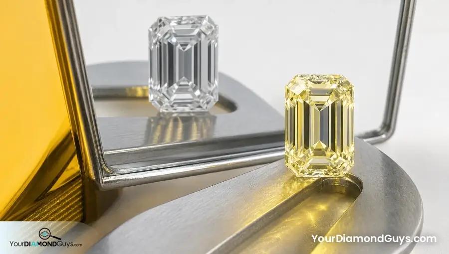 Elongated emerald diamond showing yellow fluorescence and a neutral light reflection