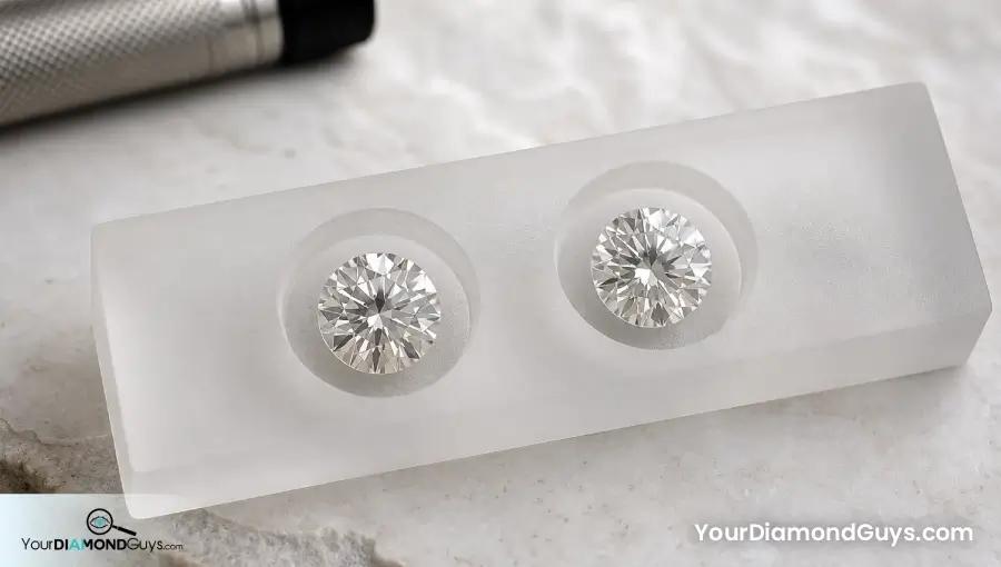 Matched None and Faint fluorescence round diamonds under ordinary neutral light