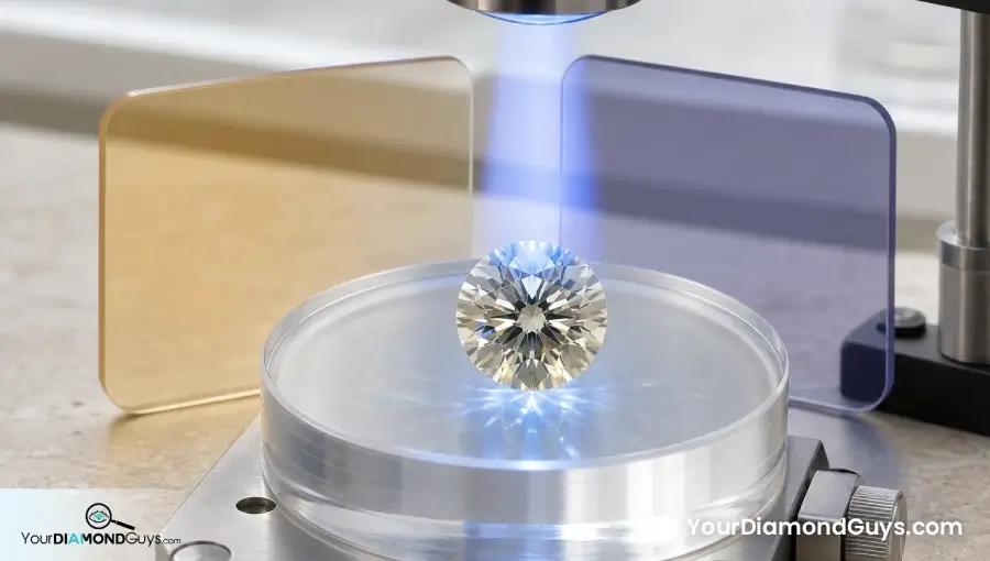 Warm K color round diamond balancing pale yellow body color with blue fluorescence on an optical bench