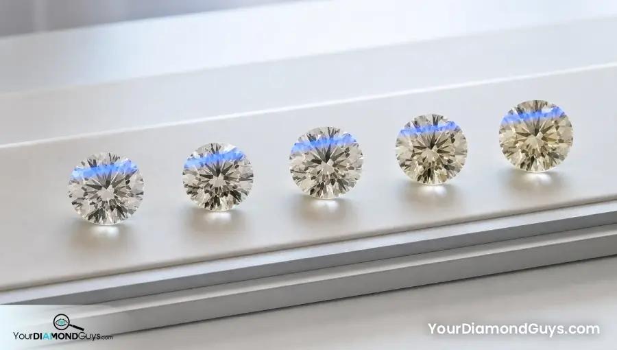 Five I through M warm color round diamonds under the same controlled blue fluorescence test