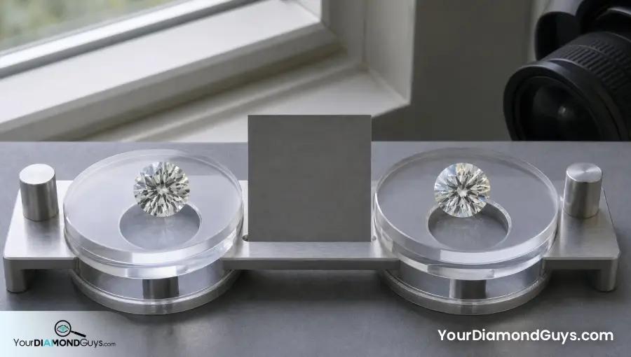Matched J color diamonds compared under identical daylight camera and background conditions