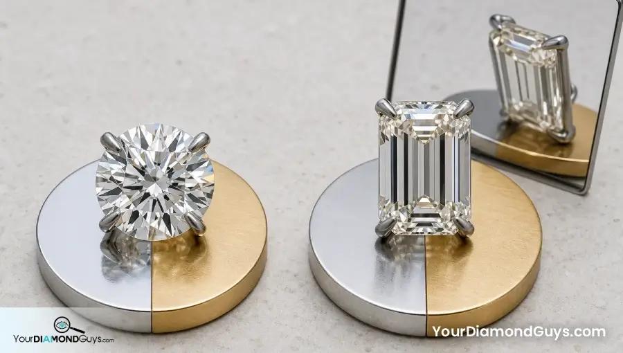 Round and emerald diamonds compared over platinum and yellow gold setting samples