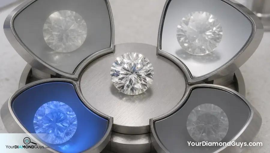 Strong fluorescence diamond inspected for haze oiliness dominant blue and flat contrast