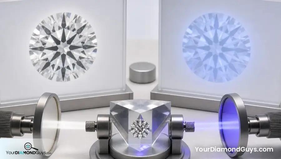 Strong fluorescence diamond compared through matched low ultraviolet and high ultraviolet optical paths